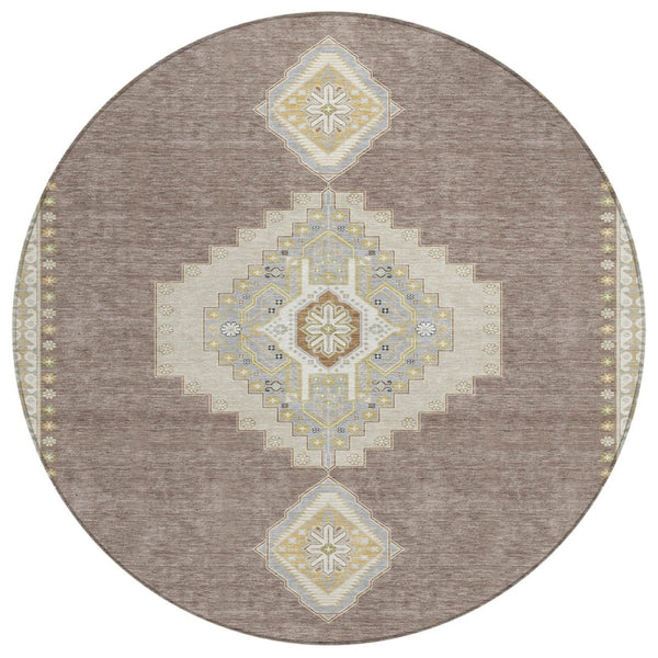 HomeRoots 5' Elegant Taupe Gray and Ivory Oriental Area Rug - Washable, Durable, Non-Slip for Indoor and Outdoor Use 8' Round 598450