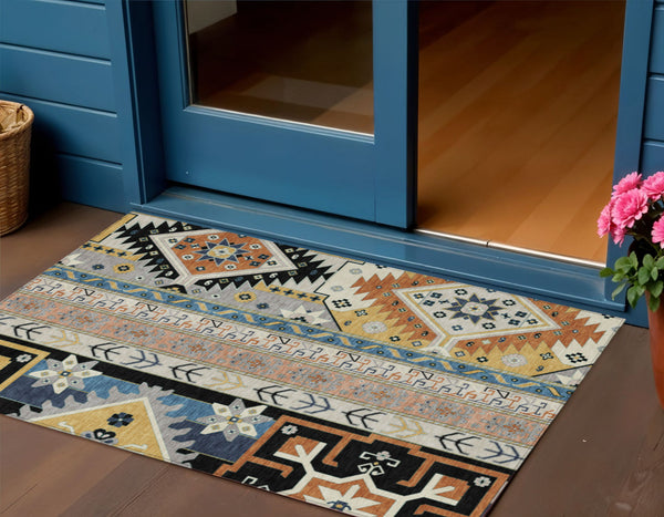 Homeroots 3' Black Ivory Copper Aztec Washable Indoor Outdoor Area Rug – Stylish, Durable, Easy Care Design 3' X 5' Polyester 598454