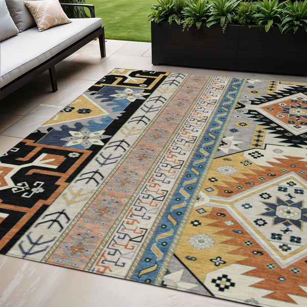 Homeroots 3' Black Ivory Copper Aztec Washable Indoor Outdoor Area Rug – Stylish, Durable, Easy Care Design 5' X 8' Polyester 598455