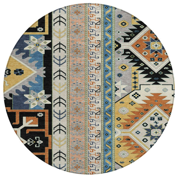 HomeRoots 5' Stylish Aztec-Inspired Area Rug - Durable Indoor Outdoor Design in Black, Ivory & Copper Tones 8' Round 598456