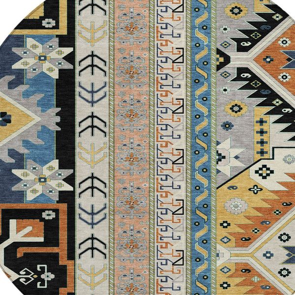 Homeroots 3' Black Ivory Copper Aztec Washable Indoor Outdoor Area Rug – Stylish, Durable, Easy Care Design 8' Round Polyester 598456