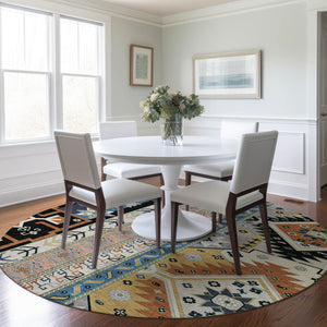 Homeroots 3' Black Ivory Copper Aztec Washable Indoor Outdoor Area Rug – Stylish, Durable, Easy Care Design 8' Round Polyester 598456