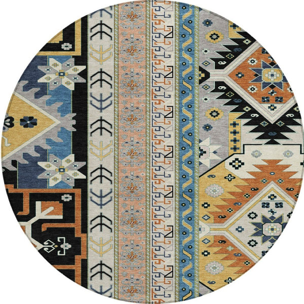 Homeroots 3' Black Ivory Copper Aztec Washable Indoor Outdoor Area Rug – Stylish, Durable, Easy Care Design 8' Round Polyester 598456