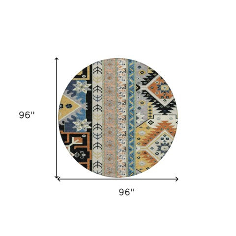 Homeroots 3' Black Ivory Copper Aztec Washable Indoor Outdoor Area Rug – Stylish, Durable, Easy Care Design 8' Round Polyester 598456