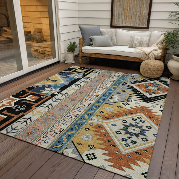 Homeroots 3' Black Ivory Copper Aztec Washable Indoor Outdoor Area Rug – Stylish, Durable, Easy Care Design 8' X 10' Polyester 598457