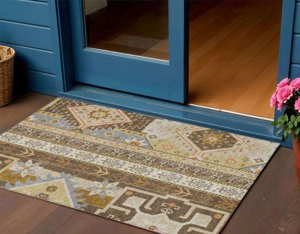 Homeroots 3' Black Ivory Copper Aztec Washable Indoor Outdoor Area Rug – Stylish, Durable, Easy Care Design 3' X 5' Polyester 598460