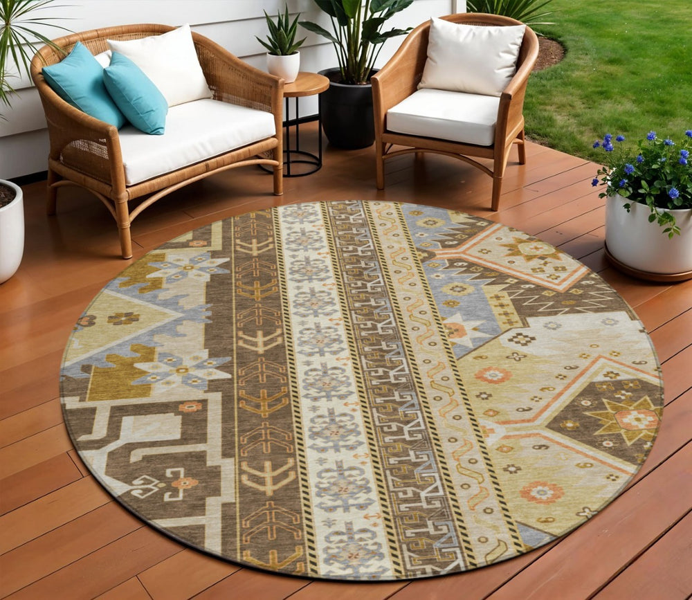 HomeRoots 5' Stylish Aztec Area Rug in Brown Beige and Ivory - Durable, Washable Design for Indoor & Outdoor Use 8' Round 598462