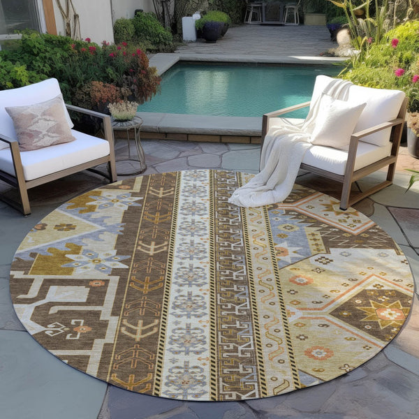 Homeroots 3' Black Ivory Copper Aztec Washable Indoor Outdoor Area Rug – Stylish, Durable, Easy Care Design 8' Round Polyester 598462