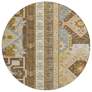 HomeRoots 5' Stylish Aztec Area Rug in Brown Beige and Ivory - Durable, Washable Design for Indoor & Outdoor Use 8' Round 598462