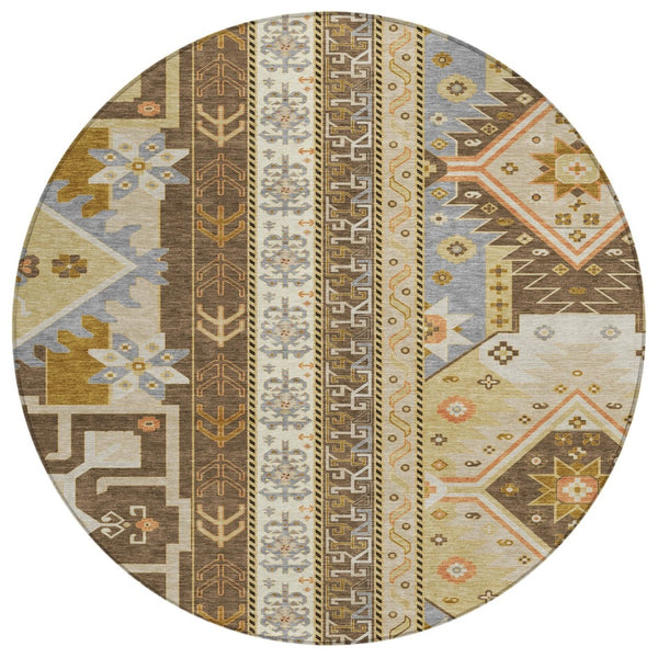 HomeRoots 5' Stylish Aztec Area Rug in Brown Beige and Ivory - Durable, Washable Design for Indoor & Outdoor Use 8' Round 598462