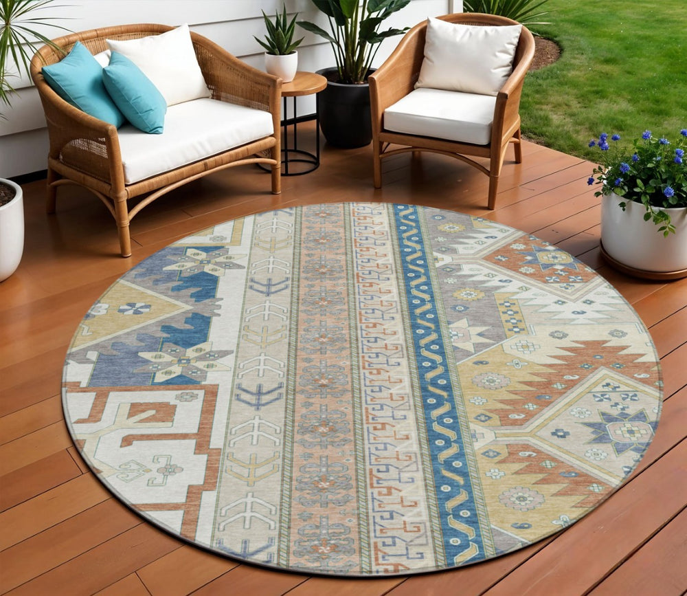 HomeRoots 5' Stylish Aztec Area Rug in Ivory, Blue, and Brown – Durable, Washable for Indoor & Outdoor Use 8' Round 598468