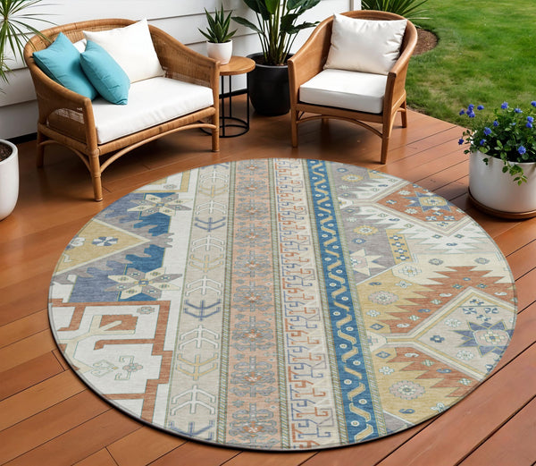 Homeroots 3' Black Ivory Copper Aztec Washable Indoor Outdoor Area Rug – Stylish, Durable, Easy Care Design 8' Round Polyester 598468