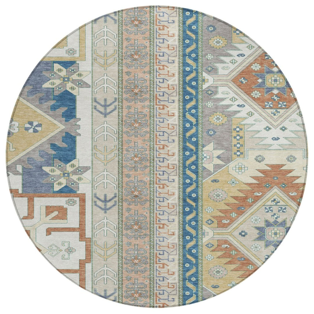 HomeRoots 5' Stylish Aztec Area Rug in Ivory, Blue, and Brown – Durable, Washable for Indoor & Outdoor Use 8' Round 598468