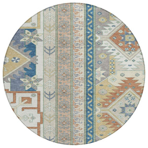 HomeRoots 5' Stylish Aztec Area Rug in Ivory, Blue, and Brown – Durable, Washable for Indoor & Outdoor Use 8' Round 598468