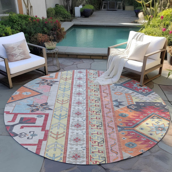 Homeroots 3' Black Ivory Copper Aztec Washable Indoor Outdoor Area Rug – Stylish, Durable, Easy Care Design 8' Round Polyester 598474