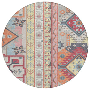 HomeRoots 5' Durable Pink and Yellow Aztec Area Rug – Stylish Washable Design for Indoor and Outdoor Use 8' Round 598474