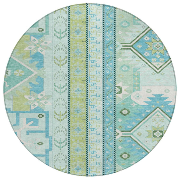 HomeRoots 5' Coastal-Inspired Mint Green Aztec Washable Area Rug for Indoor/Outdoor Living Spaces 8' Round 598480