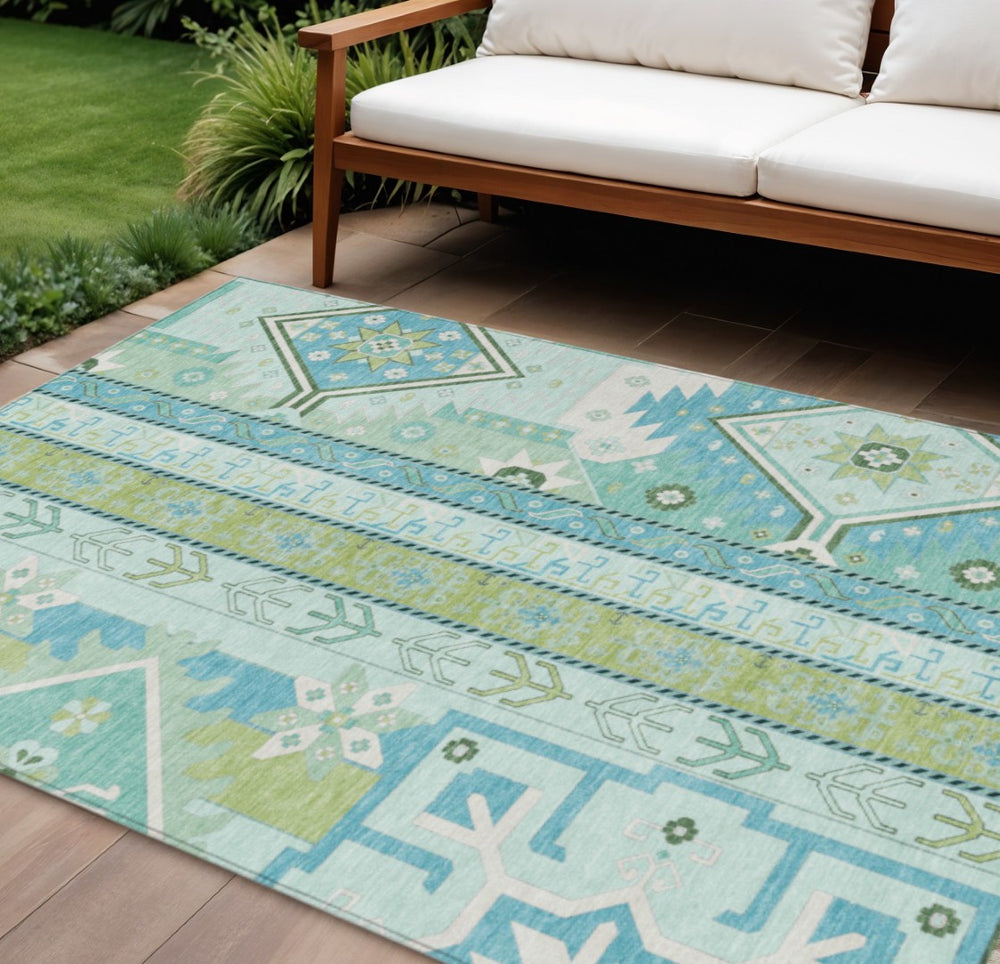 HomeRoots 9' X 12' Mint Green, Blue & Ivory Aztec Area Rug – Durable, Washable, Perfect for Indoor/Outdoor Spaces! 598482