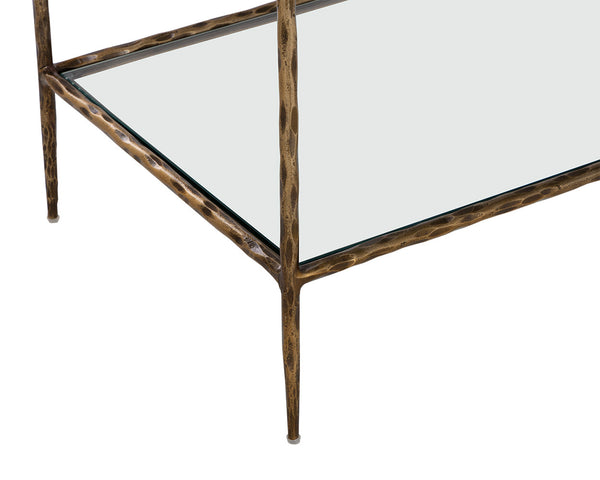 Sunpan Emine Nightstand - Hand-Hammered Metal Craftsmanship with Antique Brass & Tempered Glass Elegance