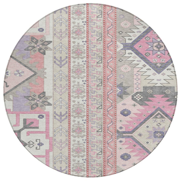 HomeRoots 5' Stylish Pink, Gray & Ivory Aztec Washable Area Rug for Indoor/Outdoor Spaces, Cozy & Durable 8' Round 598492