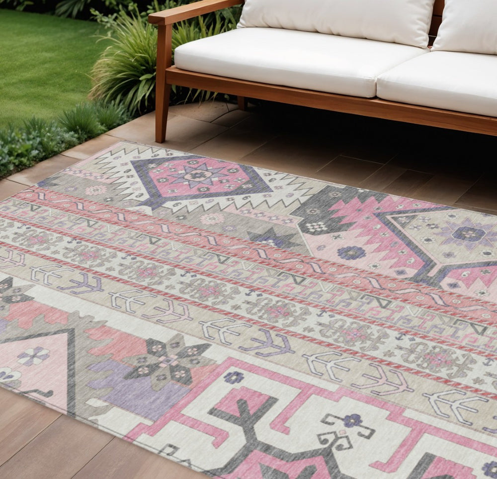 HomeRoots 9' X 12' Washable Aztec Area Rug in Pink, Gray & Ivory - Stylish, Durable & Perfect for Indoor/Outdoor! 598494