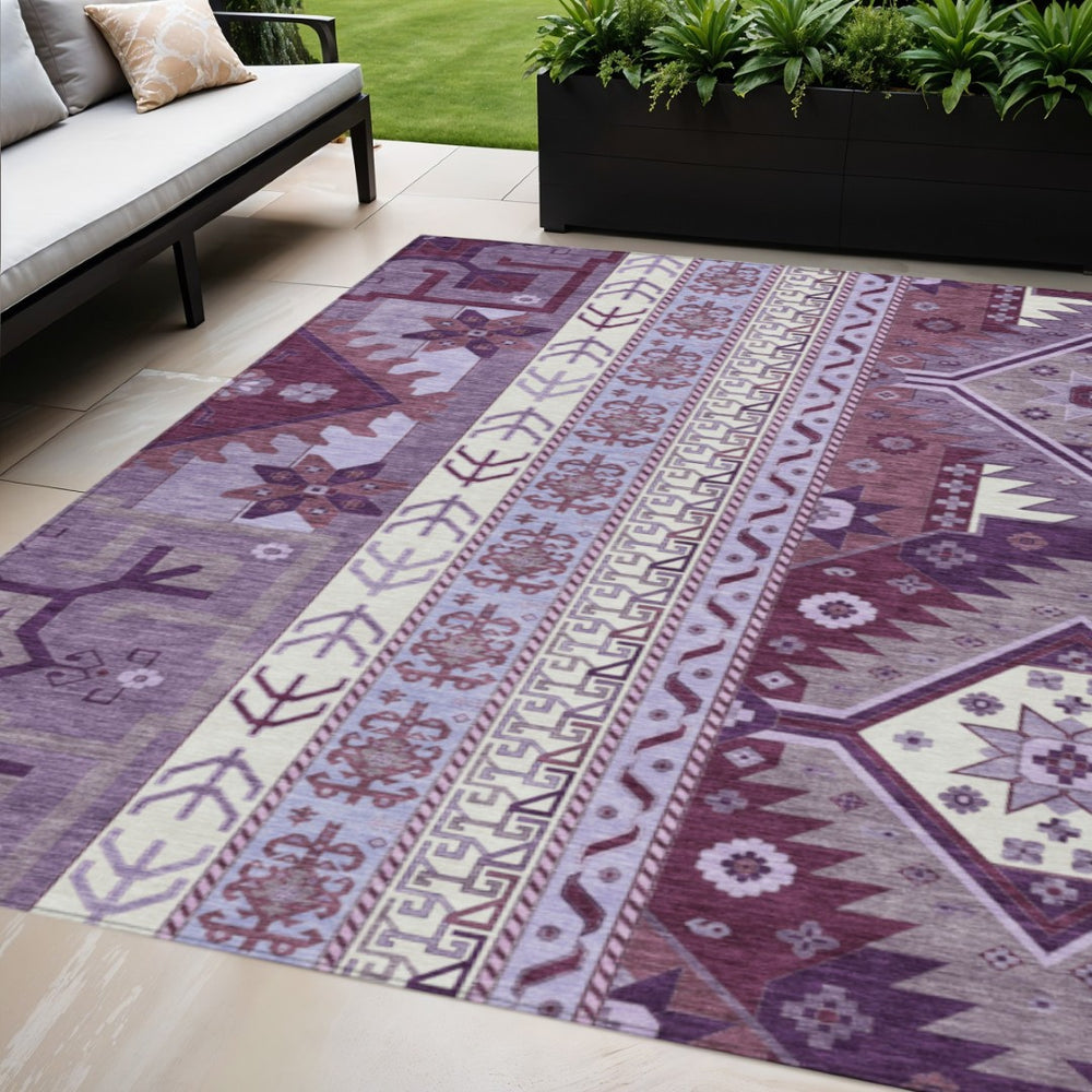HomeRoots 5' Indoor Outdoor Area Rug - Stylish Purple Lavender & Ivory Aztec Design for Easy Maintenance 5' X 8' 598497