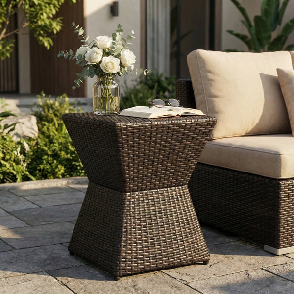 English Elm Calhoun Outdoor Wicker Side Table Weather Resistant Patio Poolside Iron Frame N773P362075B