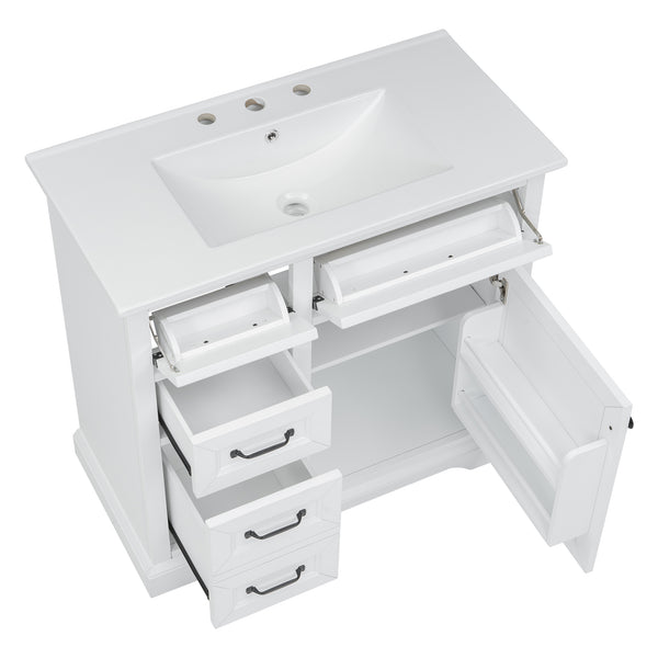 English Elm 36-Inch Modern Bathroom Vanity with Ceramic Basin, 4 Drawers & Soft-Close Door, Pre-Drilled Faucet Ready, Durable MDF and Solid Wood Construction (36"L x 18.3"W x 33.4"H) White N725P296118K