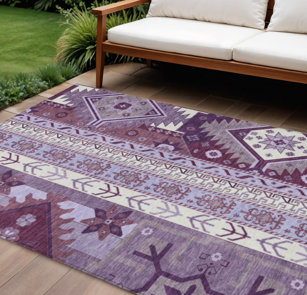HomeRoots 9' X 12' Indoor Outdoor Area Rug - Durable Purple Lavender & Ivory Aztec Design, Machine Washable 598500