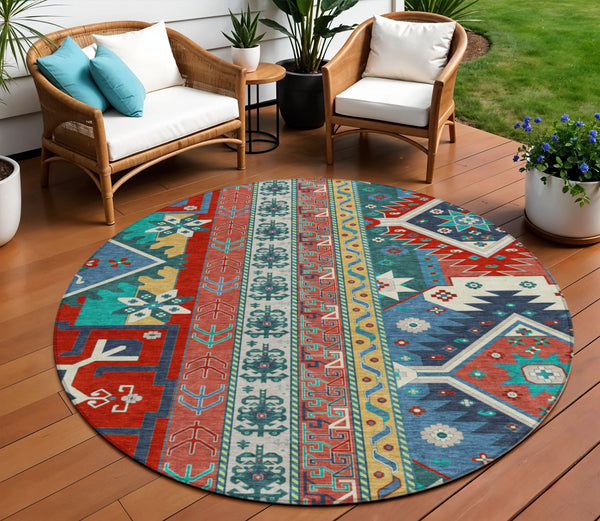 Homeroots 3' Black Ivory Copper Aztec Washable Indoor Outdoor Area Rug – Stylish, Durable, Easy Care Design 8' Round Polyester 598504