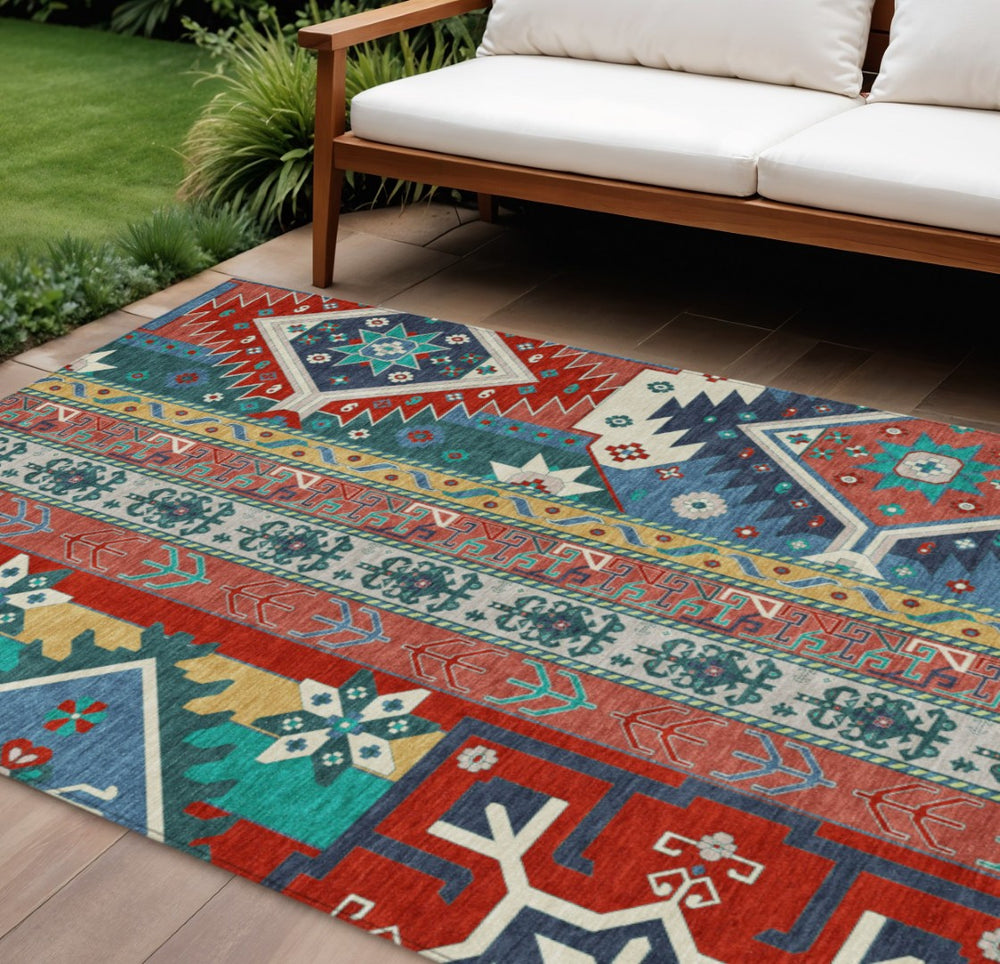 HomeRoots 9' Aztec-Inspired Washable Area Rug in Bold Red, Pink & Teal for Indoor/Outdoor Spaces, Durable Design 598506