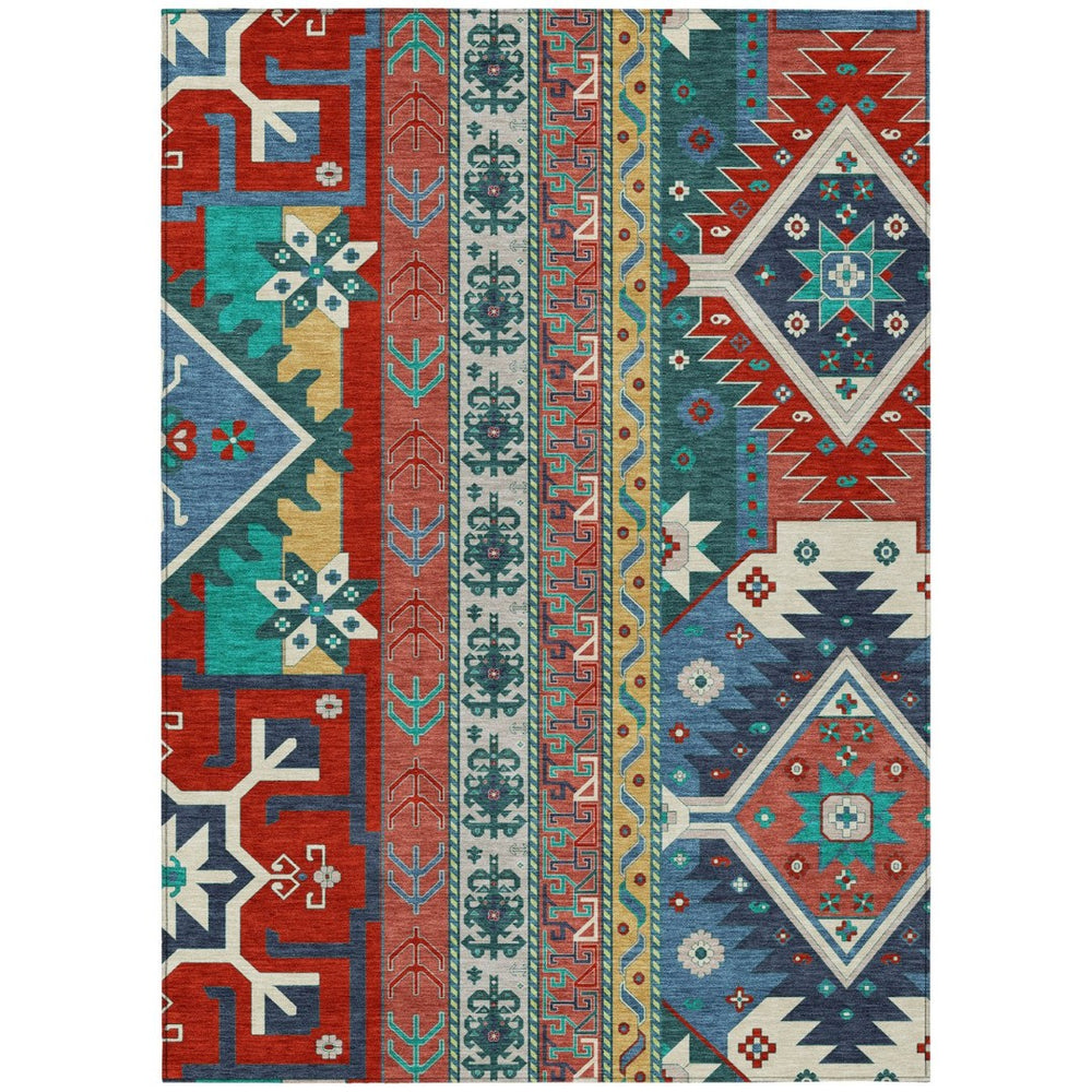 HomeRoots 9' Aztec-Inspired Washable Area Rug in Bold Red, Pink & Teal for Indoor/Outdoor Spaces, Durable Design 598506