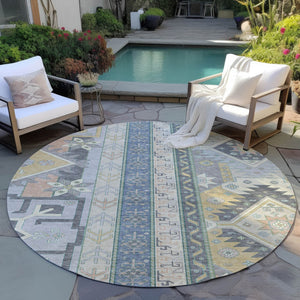 Homeroots 3' Black Ivory Copper Aztec Washable Indoor Outdoor Area Rug – Stylish, Durable, Easy Care Design 8' Round Polyester 598516