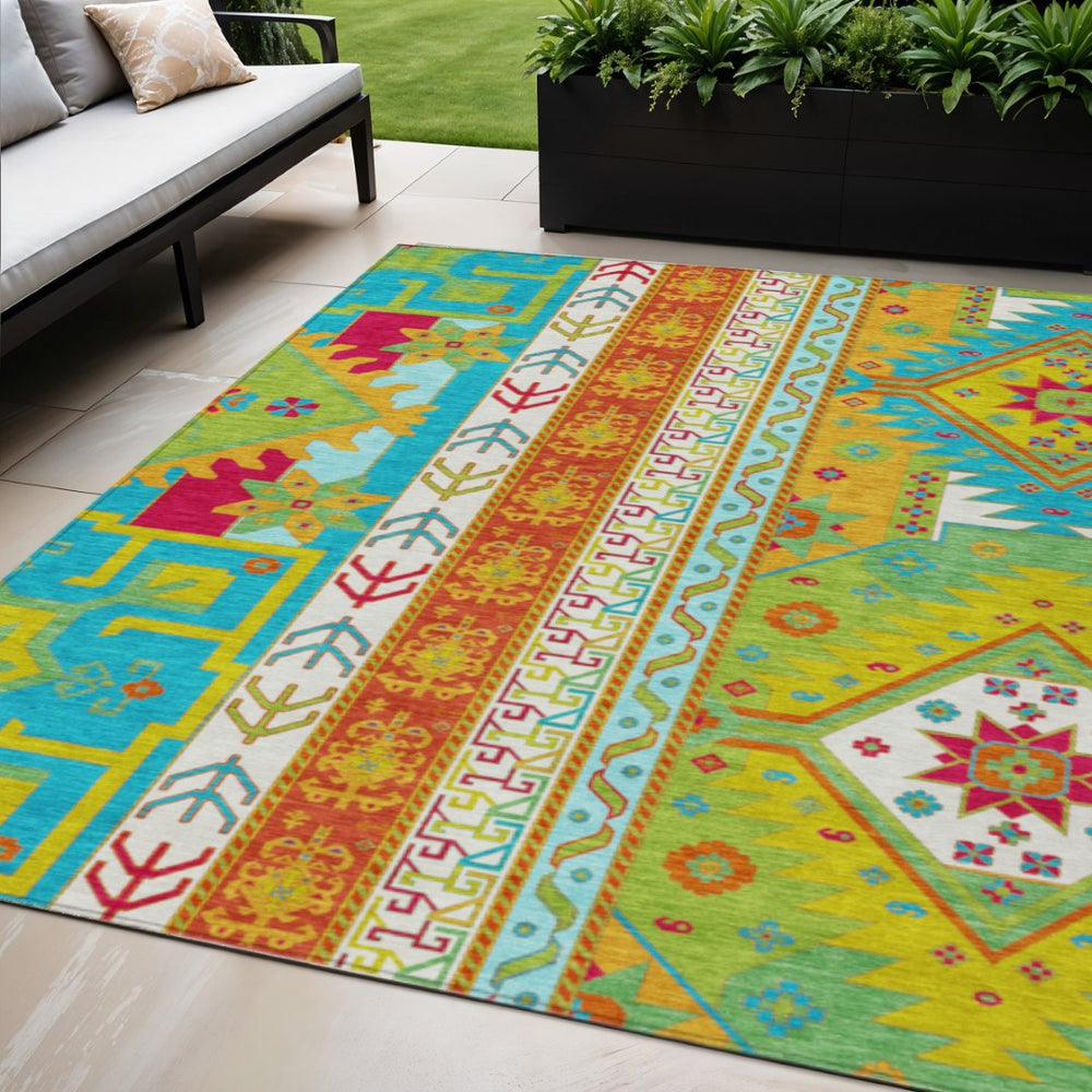 HomeRoots 5' Vibrant Teal and Pink Aztec Washable Area Rug for Indoor and Outdoor High-Traffic Spaces 5' X 8' 598521