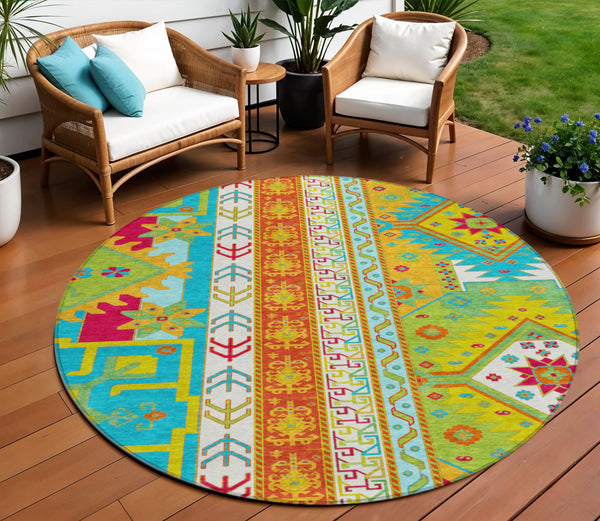 Homeroots 3' Black Ivory Copper Aztec Washable Indoor Outdoor Area Rug – Stylish, Durable, Easy Care Design 8' Round Polyester 598522