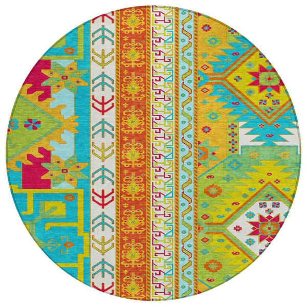 HomeRoots 5' Vibrant Teal and Pink Aztec Washable Area Rug for Indoor and Outdoor High-Traffic Spaces 8' Round 598522