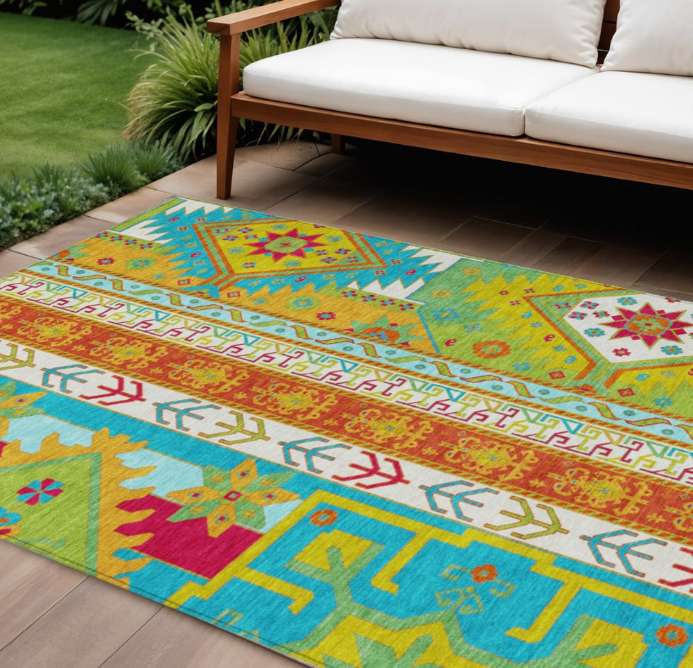 HomeRoots 9' X 12' Vibrant Aztec Washable Area Rug in Teal, Blue, Green & Pink for Indoor/Outdoor Use 598524