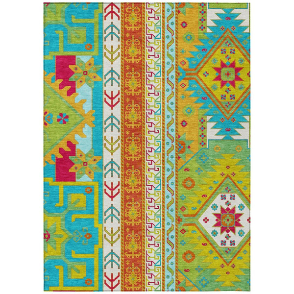 HomeRoots 5' Vibrant Teal and Pink Aztec Washable Area Rug for Indoor and Outdoor High-Traffic Spaces 10' X 14' 598525