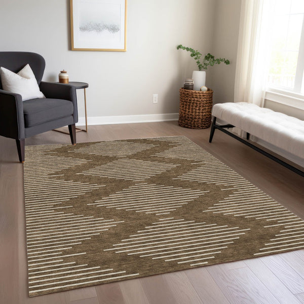 Homeroots 3' Beige And Ivory Geometric Washable Area Rug - Perfect For Indoor And Outdoor Spaces, Durable Design 9' X 12' Polyester 598542