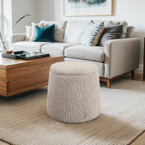 JLA Home Chapel Hill - Round Storage Ottoman with Off-White Bouclé Upholstery, Hidden Storage, Supportive Foam Seat for Small Spaces Beige CH101-0055