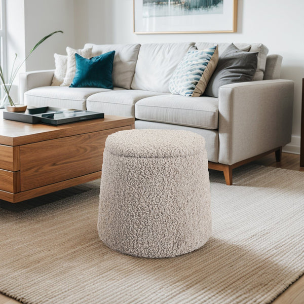 JLA Home Chapel Hill - Round Storage Ottoman with Off-White Bouclé Upholstery, Hidden Storage, Supportive Foam Seat for Small Spaces Beige CH101-0055
