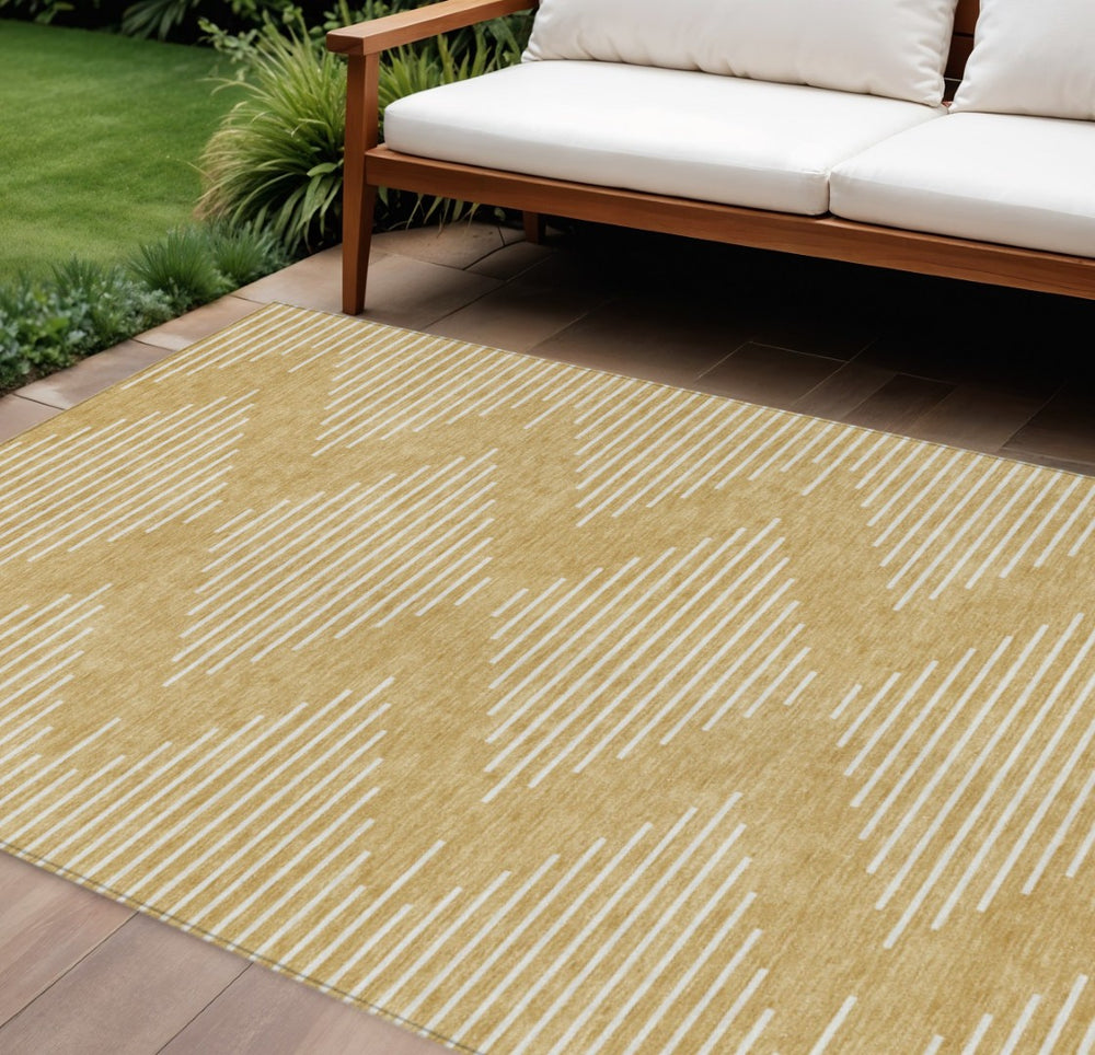 HomeRoots 9' X 12' Gold and Ivory Geometric Area Rug - Washable, Durable, Ideal for Indoor and Outdoor Spaces 598572