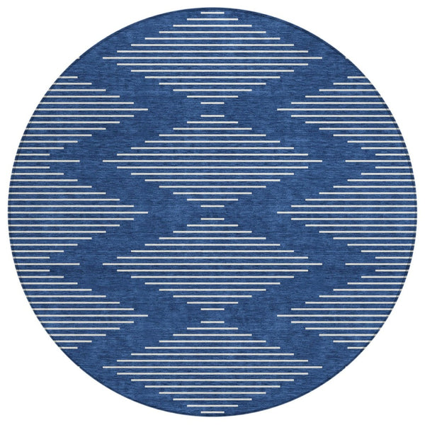HomeRoots 5' Navy Blue and Ivory Geometric Indoor Outdoor Area Rug - Stylish, Durable, Stain-Resistant Design 8' Round 598600