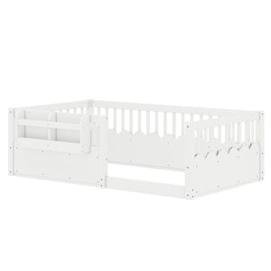 English Elm Twin Low Profile Kids Floor Bed Pine Wood Frame with Safety Rail and Built in Bookshelf White W1580P373134