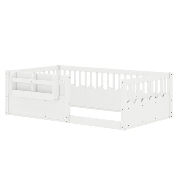 English Elm Twin Low Profile Kids Floor Bed Pine Wood Frame with Safety Rail and Built in Bookshelf White W1580P373134