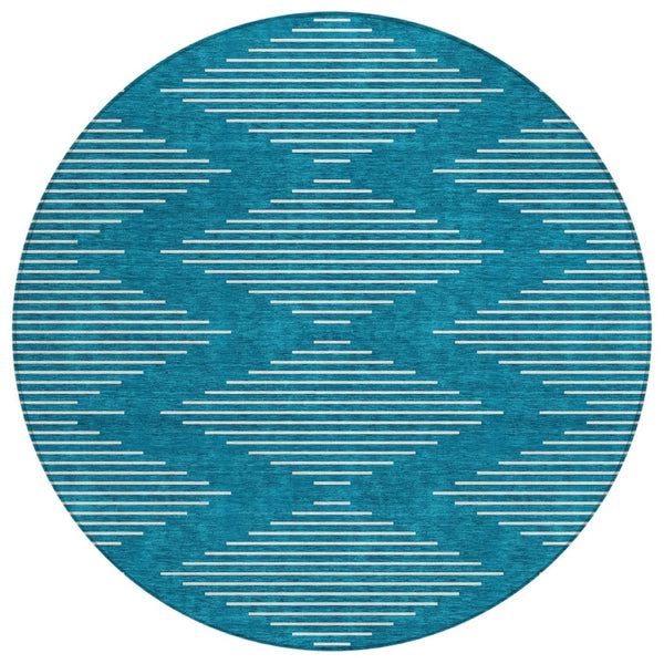 HomeRoots 5' Stylish Geometric Teal Blue & Ivory Area Rug for Indoor/Outdoor Use - Durable, Washable Design 8' Round 598624