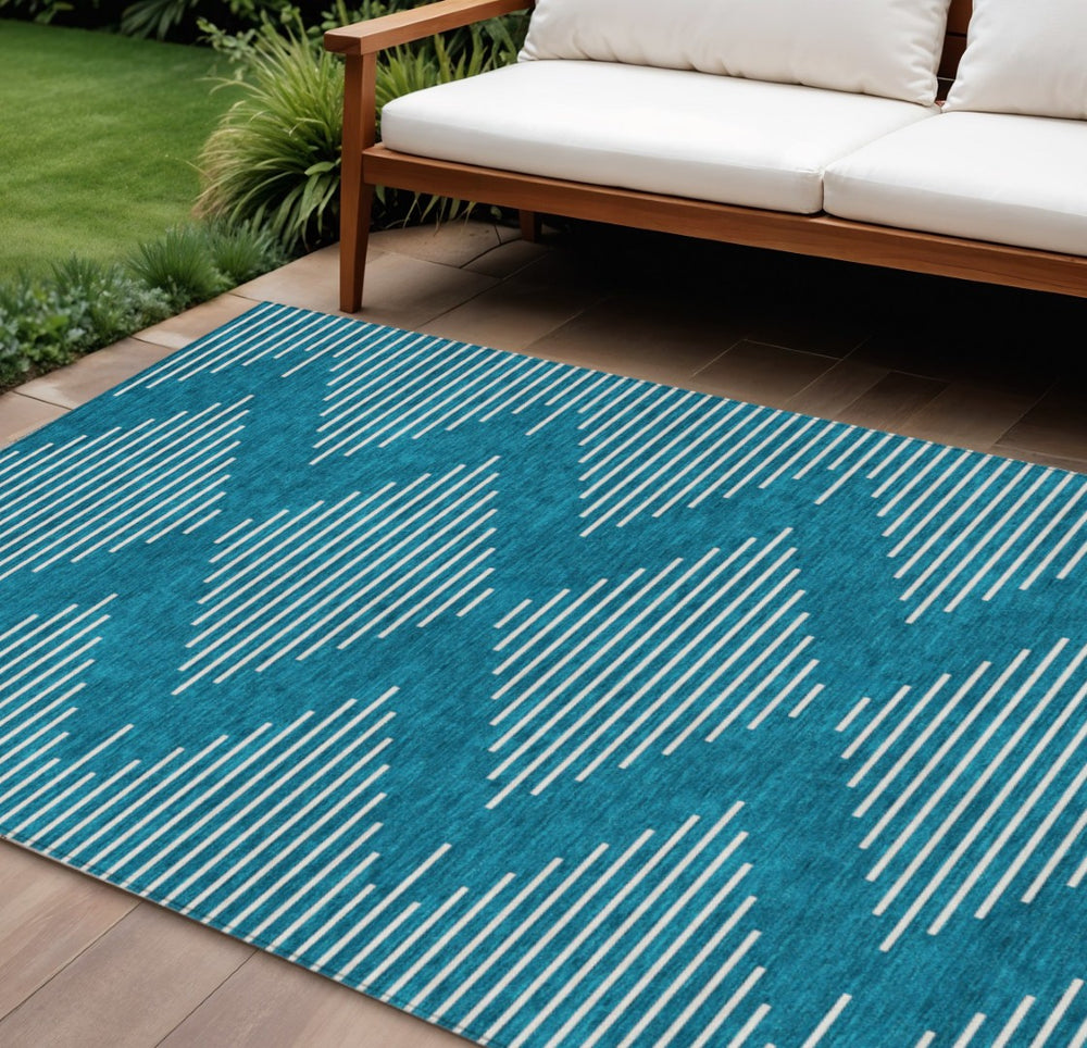 HomeRoots 9' X 12' Teal Blue & Ivory Geometric Rug - Washable, Durable, Indoor/Outdoor Design for Any Space 598626