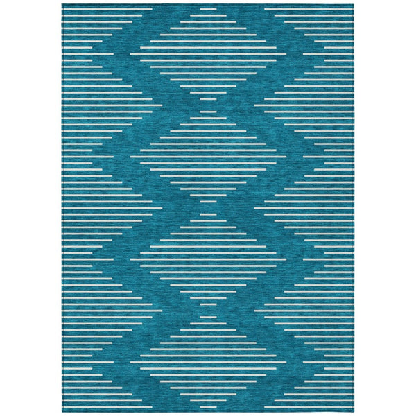 HomeRoots 9' X 12' Teal Blue & Ivory Geometric Rug - Washable, Durable, Indoor/Outdoor Design for Any Space 598626
