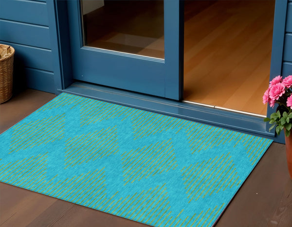 Homeroots 3' Aqua And Green Geometric Washable Area Rug For Indoor And Outdoor Spaces – Durable And Stylish Decor 3' X 5' Polyester 598716