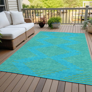 Homeroots 3' Aqua And Green Geometric Washable Area Rug For Indoor And Outdoor Spaces – Durable And Stylish Decor 3' X 5' Polyester 598716